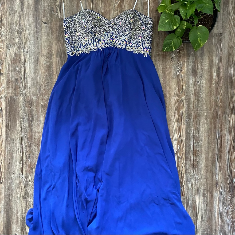 Beaded Blue Strapless Full-Length Prom Dress - Picture 2 of 11